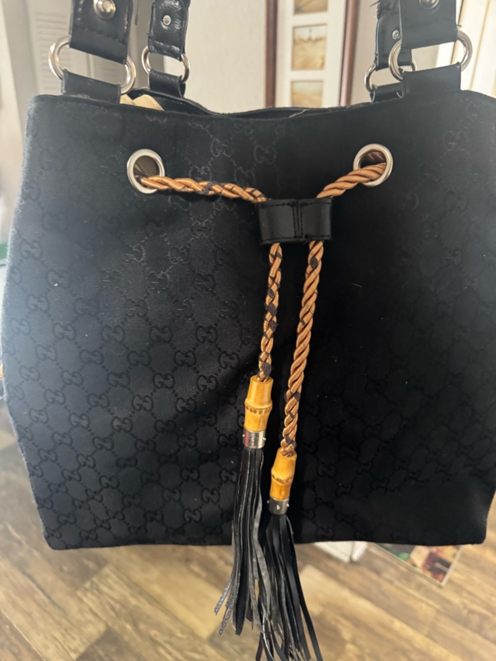 Gucci Black Jacquard Drawstring Shoulder Bag with Tan Braided Tassels